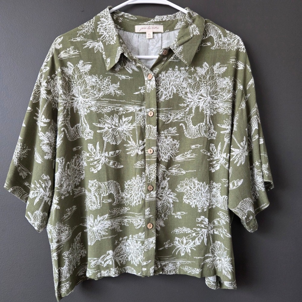 Joie de Vivre XL Olive Green Tiger Tropical Toile Rayon Button Shirt